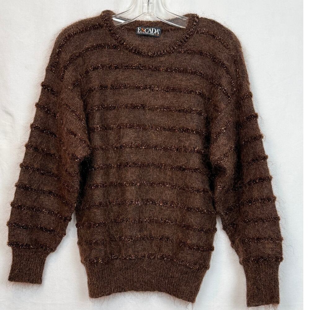 Vintage Escada Mohair Sweater 38 Western Germany Brown Copper Metallic Stripe
